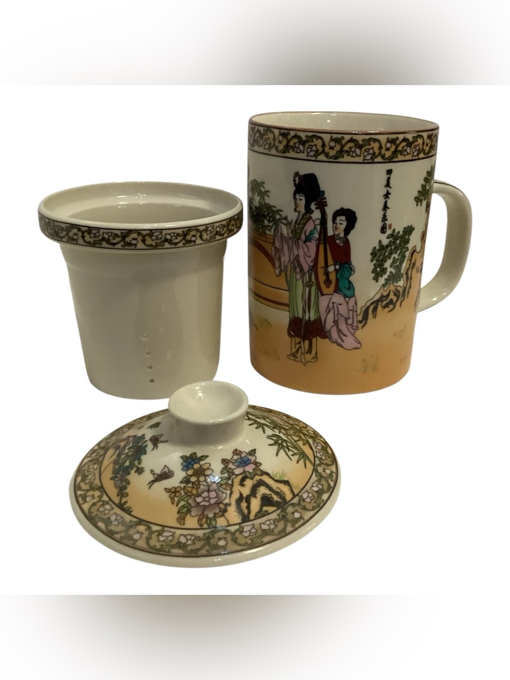 Vintage RB Asian Chinese Tea Infuser Mug Strainer Lid Geisha Floral Bamboo